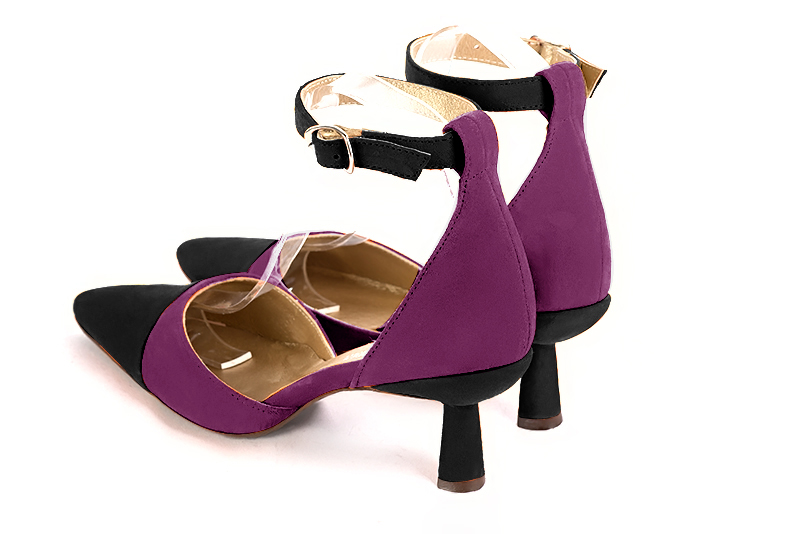 Matt black and mulberry purple women's open side shoes, with a strap around the ankle. Tapered toe. Medium spool heels. Rear view - Florence KOOIJMAN